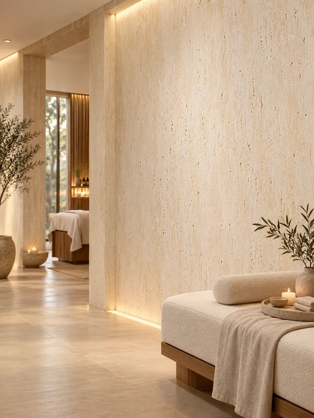 118'' Travertine-Texture Stone Wall Panels | Warm Cream (Original Roman Yellow)