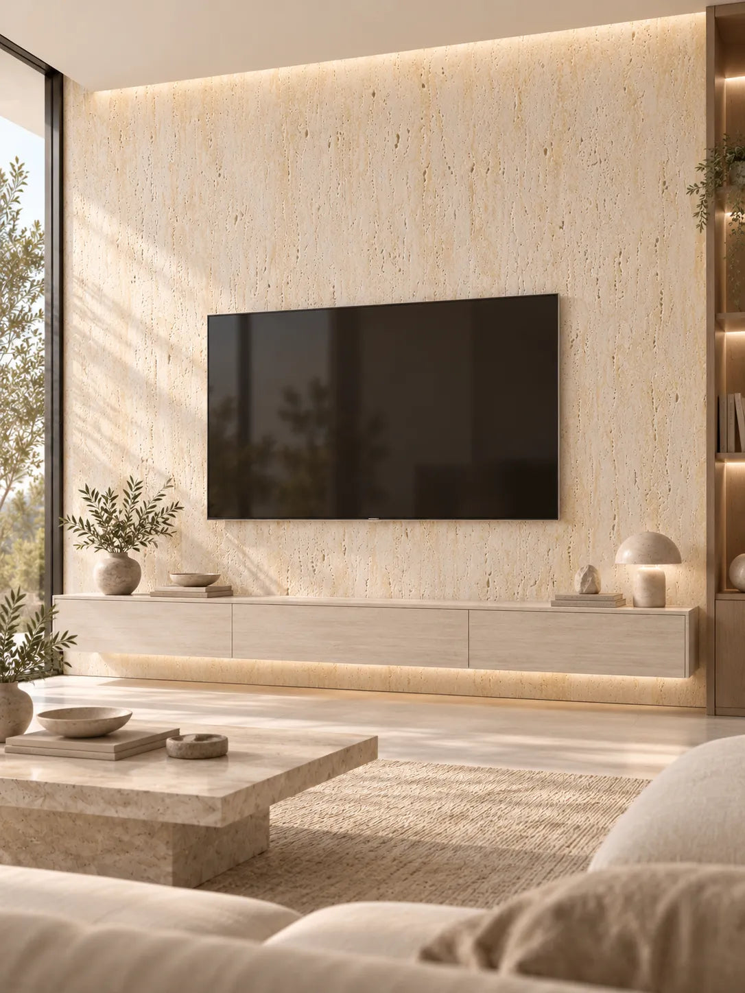 118'' Travertine-Texture Stone Wall Panels | Warm Cream (Original Roman Yellow)