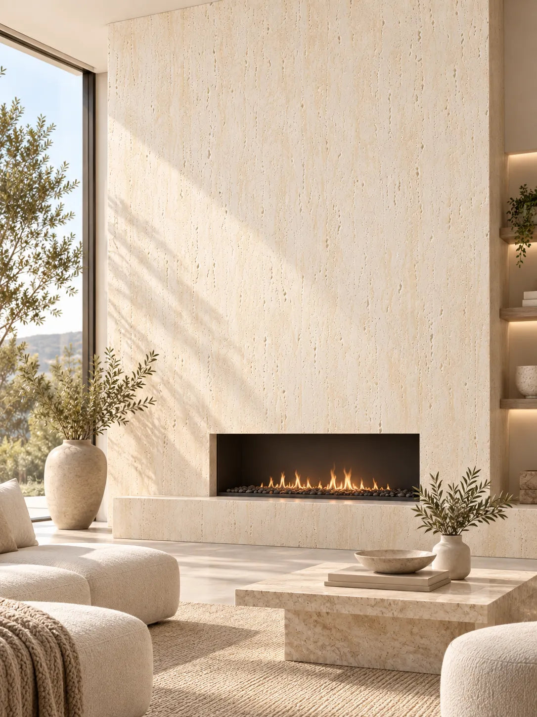 118'' Travertine-Texture Stone Wall Panels | Warm Cream (Original Roman Yellow)